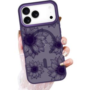 OOK Purple Case Design for iPhone 17 Pro Case, Compatible with MagSafe, Cute Sunflower Floral Blooms Design Frosted Shockproof for Women Girls Magnetic Phone Cover - Purple Flower