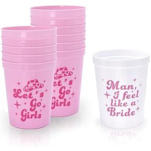 Bachelorette Party Cups - Pack of 16 Let's Go Girls Reusable Bachelorette Party Cups, Bridal Shower Party Supplies Wedding Engagement Party Favors Decorations 16oz (Pink)