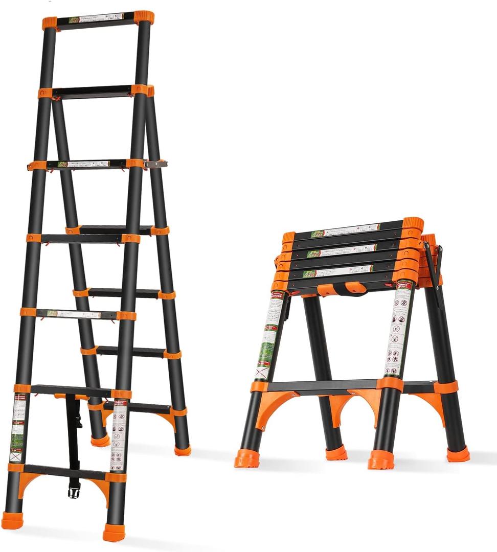 RIKADE A-Frame Telescoping Ladder with 1-Button Retraction, Aluminum Adjustable Extension Ladder, Portable Lightweight Folding Design for Home/RV Use, 330lb Capacity(1.7+2M)