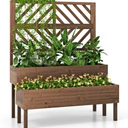 Toolsempire Raised Garden Bed with Trellis & 2 Planter Boxes, 2-Tier Outdoor Wooden Elevated Planter Box with Legs & Drainage Holes, Gardening Planter for Flowers, Herbs, Vegetables & Fruits(Brown)
