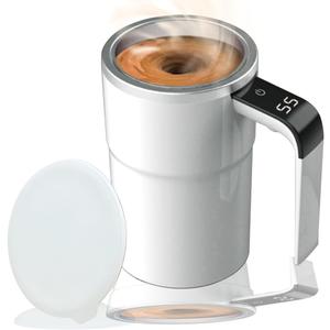 Self-stirring Coffee Mug Magnetic Stirring Cup Rechargeable Automatic Mixing Cup w/LCD Thermometer for Coffee Tea Hot Chocolate (White)
