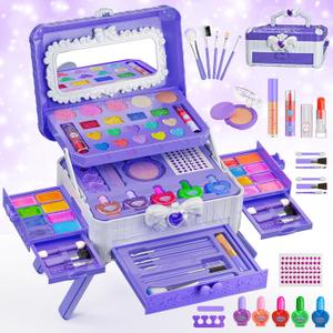 Kids Makeup Sets for Girls - Washable Makeup Toys with Mirror, Real Dressing Table with Stand Princess Pretend Makeup Sets for Ages 3 4 5 6 7 8-12 Year Old Girls Birthday & Christmas (Purple White)