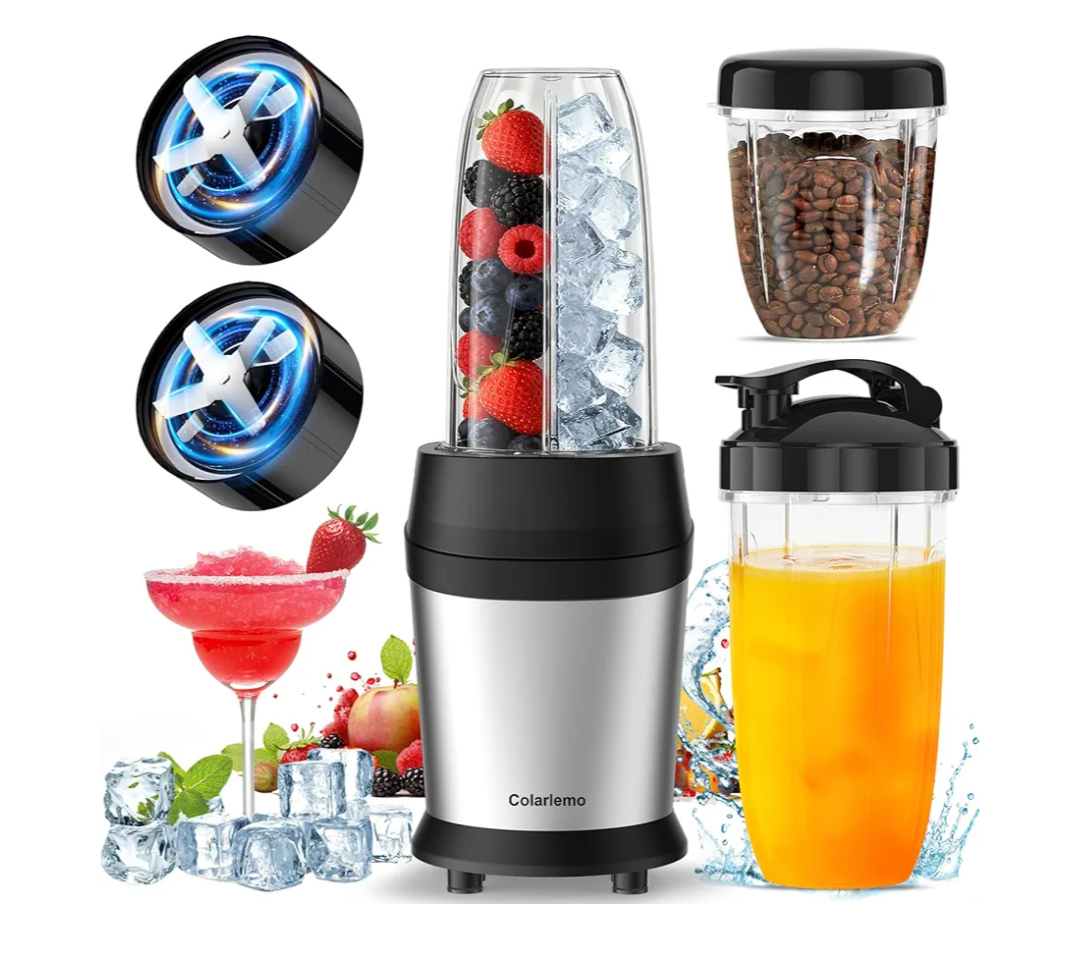 12-Piece Smoothie Blender Maker 25,000 RPM Personal Blender for Ice Crushing Smoothies & Frozen Drinks Nuts with 23oz, 32oz, 37oz Portable Cups Two 6-Leaf Stainless Steel Blades, Silver