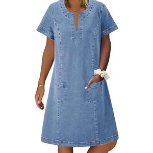loveimgs Women Casual Short Sleeve Denim Dress V Neck Tunic Mini Jean Shift Dress Jumper Knee Length Boho Sundress Pocket (Blue, L)