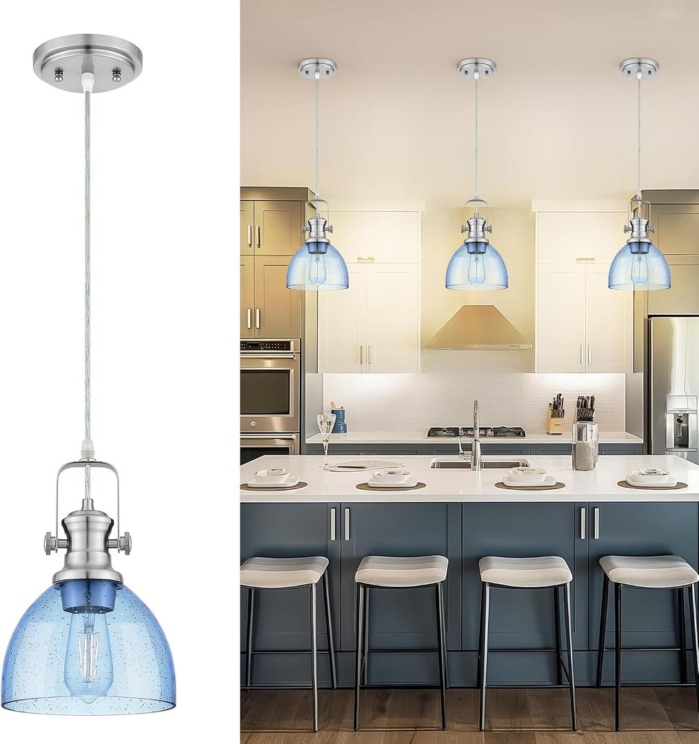 Pendant Lights Kitchen Island, 7.5" Farmhouse Pendant Lighting with Blue Seeded Glass Shade, Vintage Hanging Light Fixtures for Dining Room, Brushed Nickel Finish, AD-22151-1P-SN-BL
