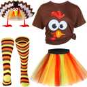 HooLing 4 Pcs Thanksgiving Turkey Costumes Set for Women Turkey Face T Shirt Tutu Skirt Knee High Socks Gobbler Hats (Medium, Brown)
