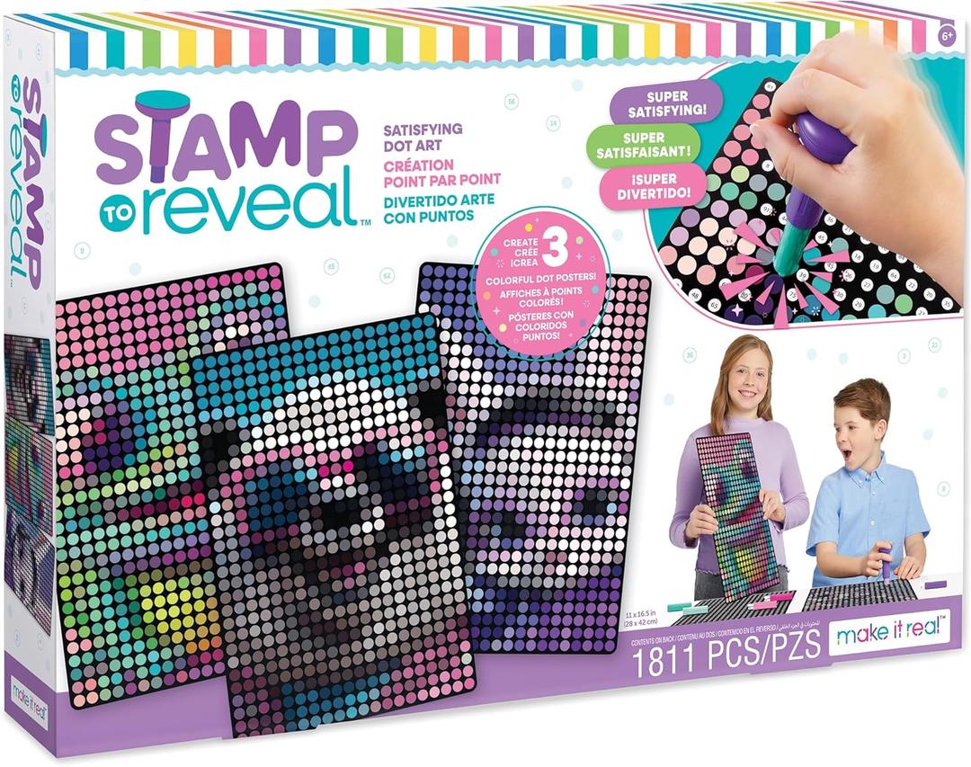 Make It Real Stamp to Reveal DIY Dot Posters, 1 Stamper per kit & 3 Dot Posters |Craft Kit, Artwork Activity, Girls & Kids Ages 6 Bunny, Frog, Panda