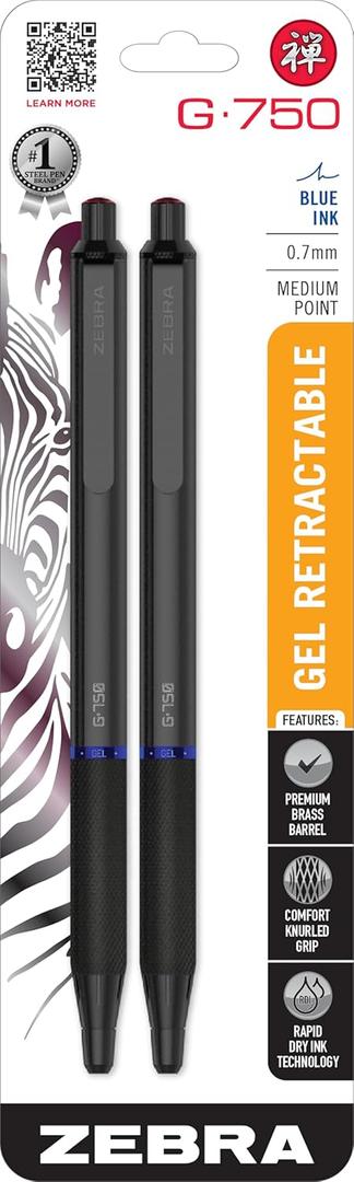 Zebra Pen G-750 Retractable Gel Pen 2-Pack, Blue Ink, 0.7mm Medium Point, Black Brass Barrel, Textured Grip, Secure Metal Clip, Ideal for Office Supplies and Teacher Gifts, Refillable (49822)