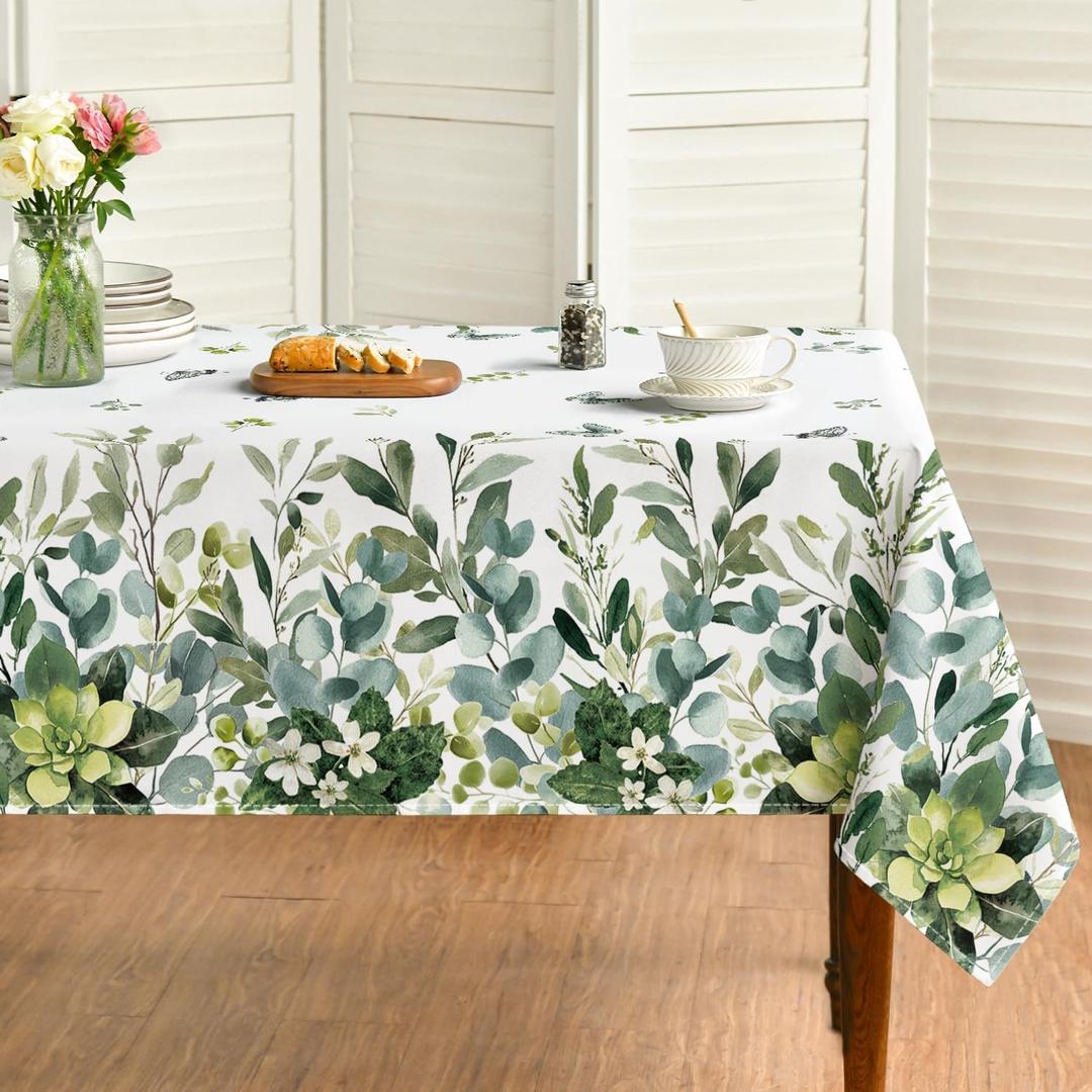 Horaldaily Spring Summer Tablecloth 60x104 Inch Rectangular, Eucalyptus Floral Table Cover for Party Picnic Dinner Decor (Green)