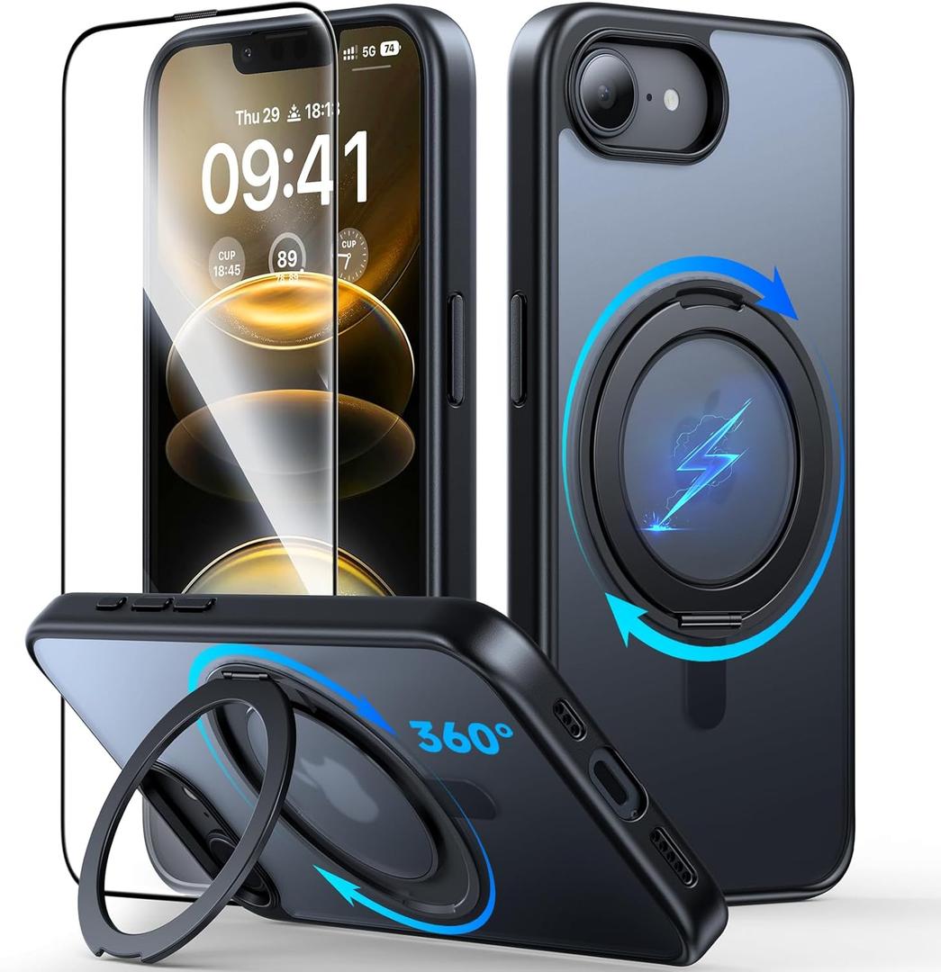 JUESHITUO 3 in 1 for iPhone 16 E Case, [Non-Yellowing] 360 Rotatable Magnetic Ring Stand with [1X Screen Protector] Slim iPhone 16 E Phone Cover 6.1'', Black Titanium