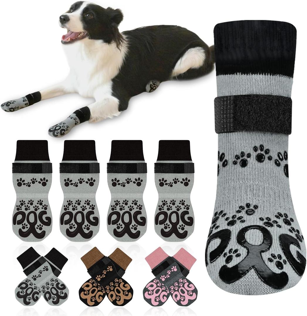 Anti Slip Dog Socks to Prevent Licking Paws - Double Side Paw Covers Dogs Grip Sock for Hardwood Floors, No Twist Dog Booties Grippy Socks for Small Medium Large Senior Dogs, Light Grey and Black, L