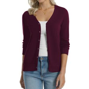 QUALFORT Women's 100% Cotton Lightweight Cardigans Long Sleeve Knitted Button Down Sweater, Size S