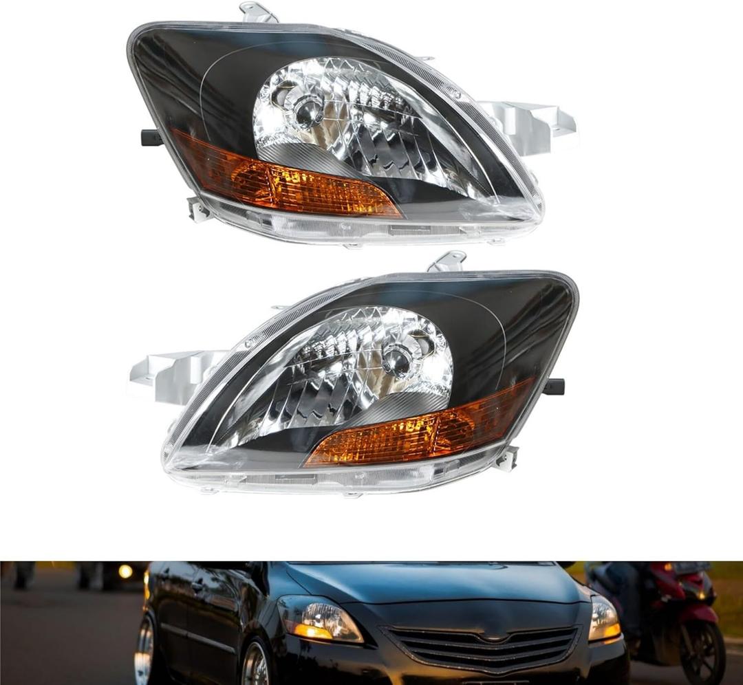 Headlight Assembly Headlamp Driver & Passenger Side Replacement for 2007 2008 2009 2010 2011 Yaris Base Sedan 4-Door with Amber Corner TO2518108, TO2519108, 8117052740, 8113052750
