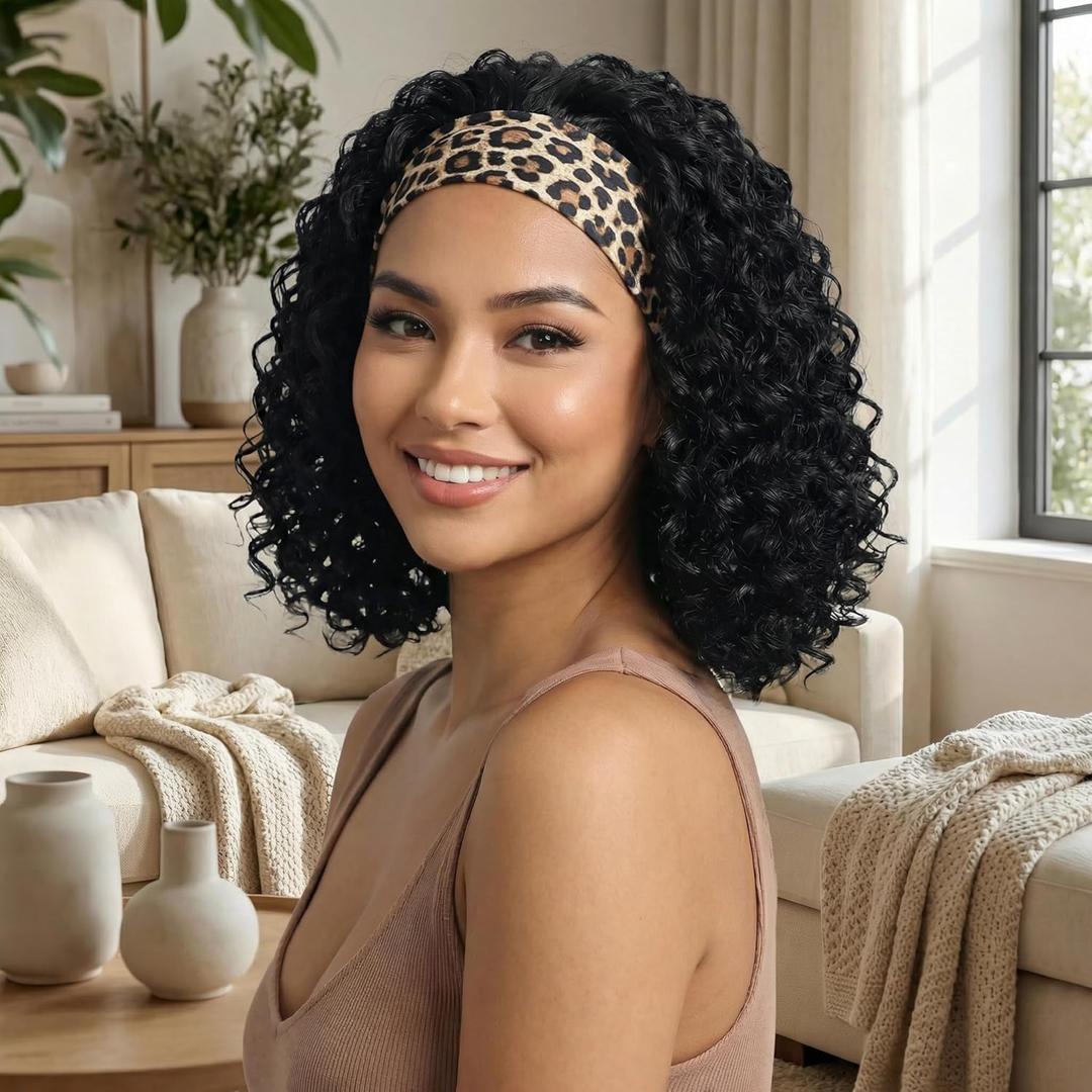 CINHOO Short Curly Headband Wigs for Black Women 12inch Deep Wave Black Headband Wig for Women Curly Head Band Wig with Headbands Attached Daily Use (1B#)