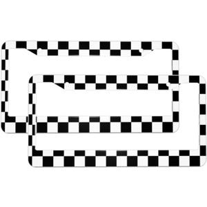 Black White Checkered Flag Racing Flag Aluminum Car License Plate Frame Auto Tag Holder with Accessories US Vehicles Standard 2 Holes (C221) (C221(2PCS))