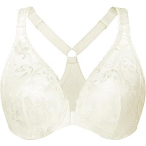 MELENECA Women's Plus Size Racerback Unlined Lace Underwire Front Closure Bra Off White 34G