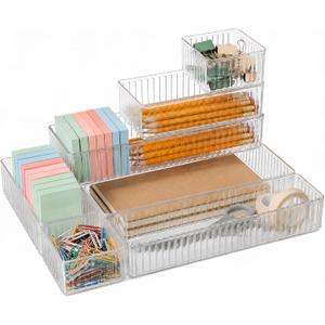 7 PCS Clear Drawer Organizer Bins, Stackable Office Desk Drawer Organizers with 7 Connector Clips, 4 Sizes Plastic Drawer Trays for Office Supplies, Bathroom, Vanity, Makeup & Kitchen
