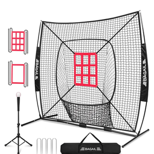 BAGAIL 7x7 ft Baseball & Softball Practice Net with Bow Frame for Batting, Hitting, Pitching, Portable Baseball Throwing Net with 2 Strike Zone Batting Tee, Carry Bag, Great for All Levels