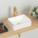 J-FAMILY 14.5'' x 10.6'' Small Vessel Sink Bathroom Above Counter White Porcelain Ceramic Rectangular Sink Bowl Gold Trim Decoration Small Vanity Sink Lavatory Wash Basin