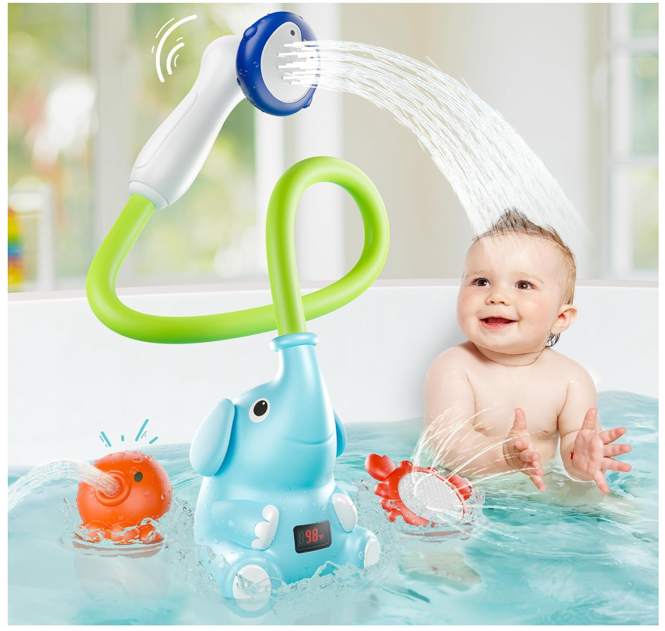 Baby Bath Shower Head with Water Thermometer, 3-in-1 Rechargeable Bath Toys, 3 Exchangable Shower Heads and Soft Silicone Baby Brush, for Newborns, Toddlers in The Tub or Sink - Automatic Ⅱ