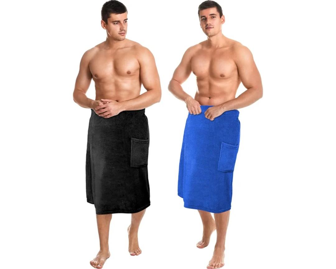 Tudomro 2 Pcs Men's Bath Wrap Towel X-Large Shower Adjustable Terry Body Spa Towel with Pocket After Shower Wrap for Men Gift Spa College Bath Dorm Room Gym(Black, Bright Blue)