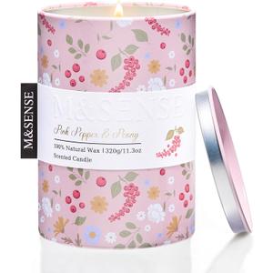 M&SENSE Pink Pepper Peony Scented Candle, Medium Jar 11.3oz | Natural Soy Wax, Floral Candles, Up to 70 Hours Burning, Long-lasting Fragrance, Gift for Spring Holiday