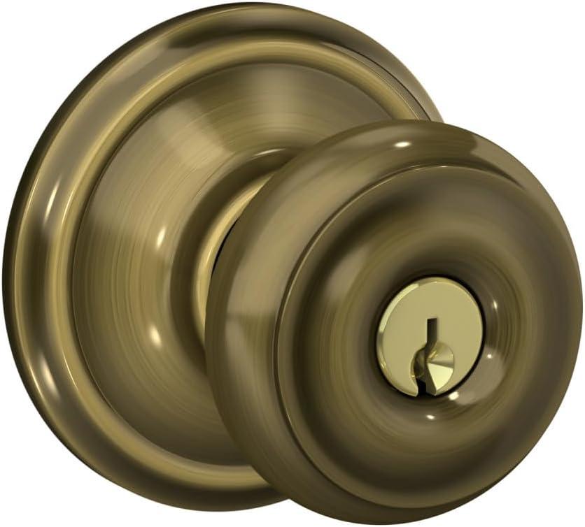 SCHLAGE F51A GEO 609 Georgian Knob Keyed Entry Lock, Antique Brass