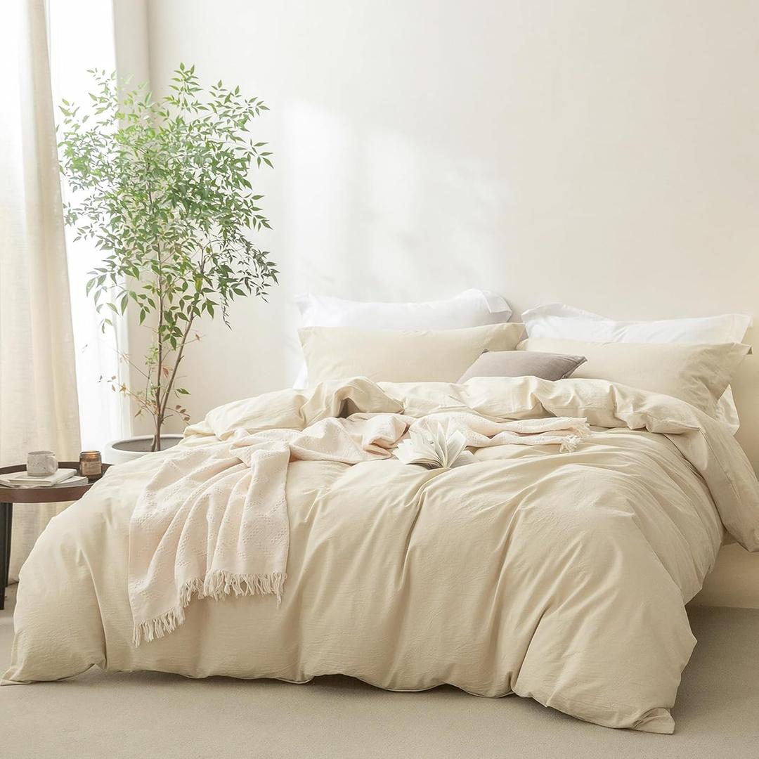 BDEAR 3 Pieces Almond Milk Grey Duvet Cover Set King Size 104'' W x 90'' L, 100% Washed Cotton Duvet Cover with Zipper Closure Plus 2 Pillowcases, Oeko TEX Standard Certificated, Cozy Feel