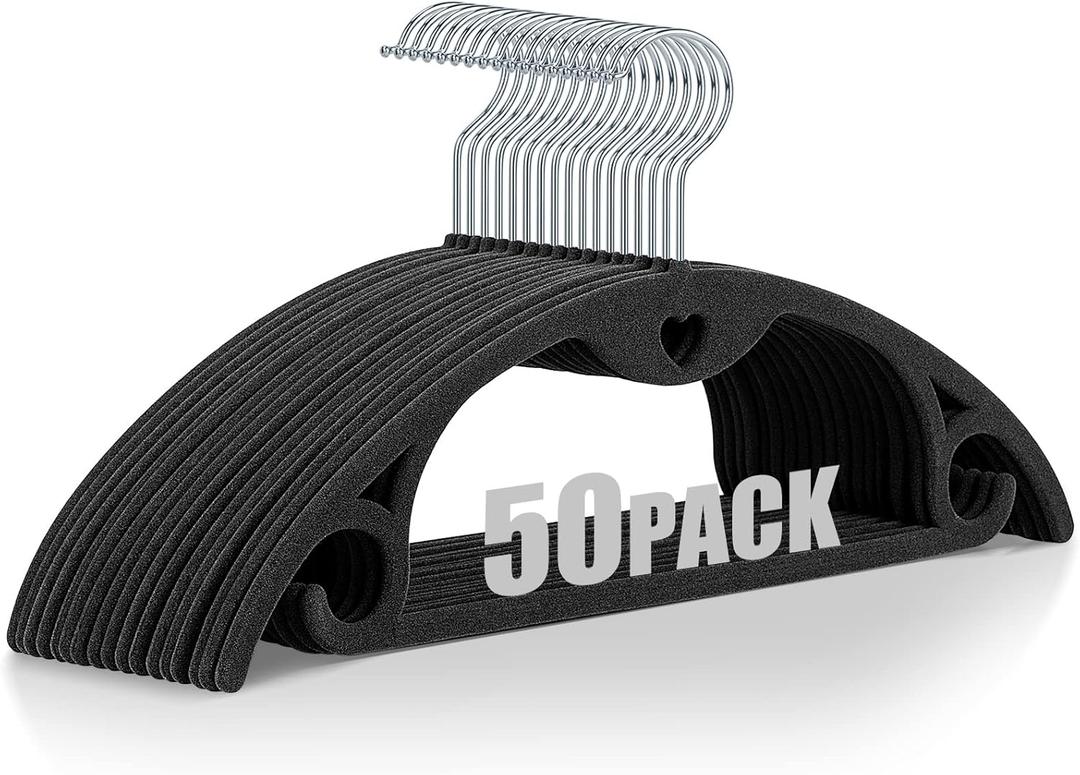 IEOKE Velvet Hangers, 50 Pack No Shoulder Bumps Ultra Thin Space Saving 360 Degree Swivel Heavy Duty Hook Durable Hanger for Suit Sweaters Coat Jackets Shirts Dresses (50 Pack, Black/Silver) (Standard)