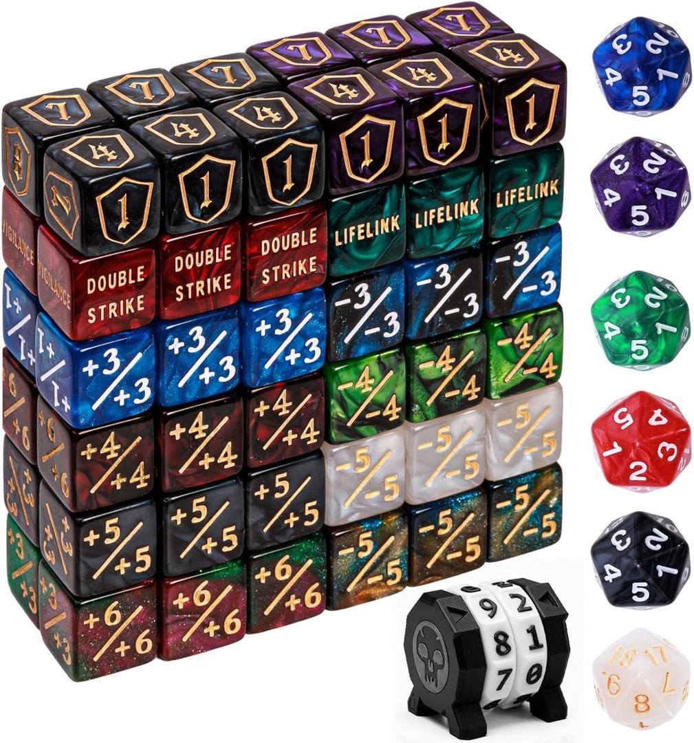 79 Pcs MTG Dice Set in 12 Colors with Plus 1 Life Counter Dices, Buff Ability Keyword Tokens, Shield and Spindown Dice, Life Counter Wheel Bag For MTG, TCG, Cards Gaming Accessories (Black and Purple)