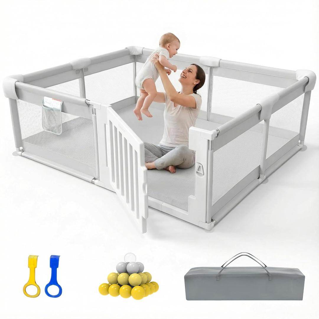 71" 59" Baby Playpen with Gate, Large Baby Play Pen for Babies and Toddlers, Infant Fence Play Yard with Door for Living Room, Anti-Fall, Breathable Mesh