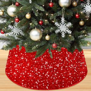 Red Sequins Christmas Tree Collar Sparkly Round Trees Ring Elegant Paillette Tree Skirts Collar Embroidered Christmass Trees Base Basket for Christmas New Year Home Shiny Ornaments (23.6 Inches)