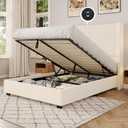 UNIQUITE Queen Size Lift Up Storage Bed Frame with 51 Inch Tall Wingback Headboard, Corduroy Upholstered Platform Bed with Hydraulic Storage, 2 USB Ports, No Box Spring Needed, Noise-Free, Beige