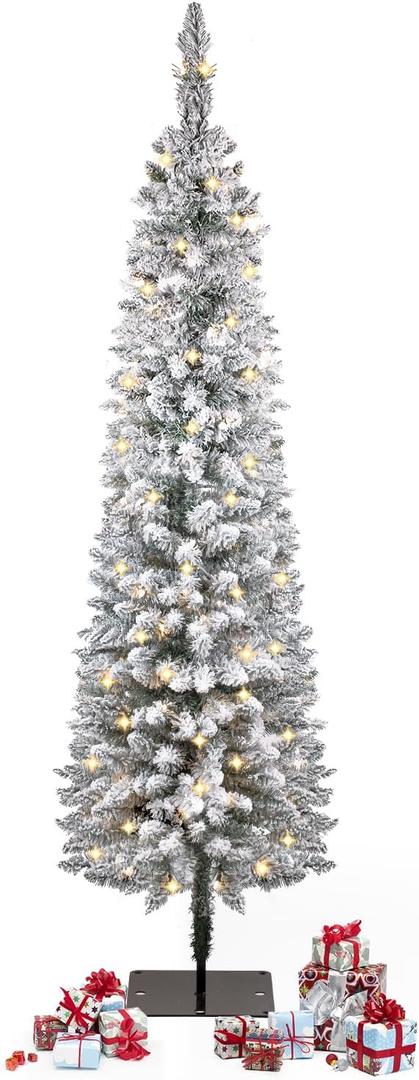 5ft Snow Flocked Christmas Tree Pre-Lit with Warm Lights, White Frosted Pencil Noble Fir, Lighted Slim Artificial Xmas Tree Metal Stand, Premium Holiday Decoration UL Listed