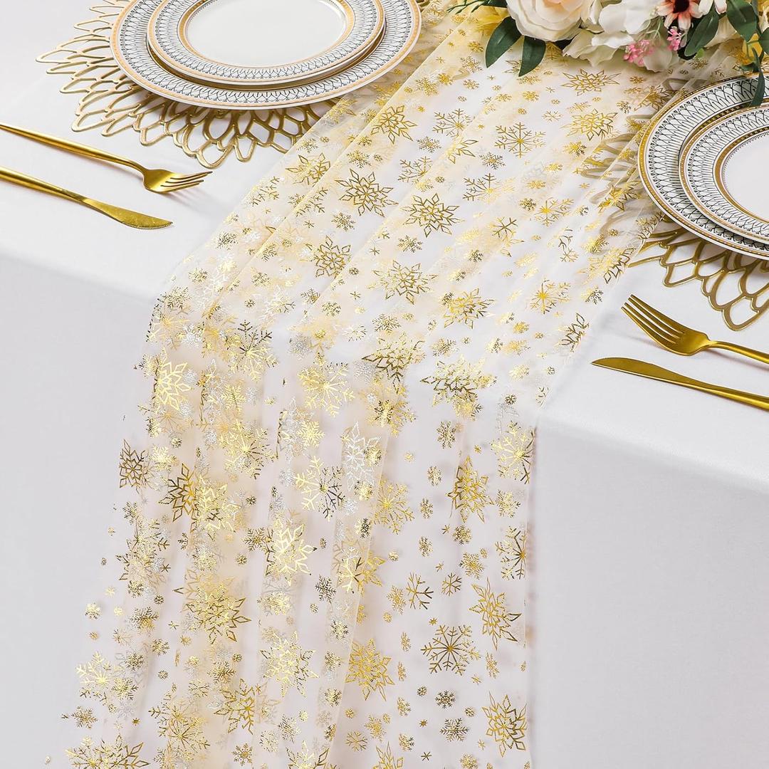 Newwiee 3 Pcs 120 Inch Christmas Gauze Table Runner Beige Gold Winter Snowflake Glitter Metallic Sequin Chiffon Tulle Party Table Decor Centerpiece for Wedding Xmas Baby Shower Birthday