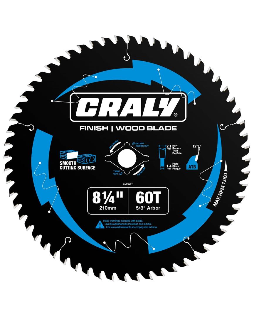 CRALY 8-1/4 Inch 60 Teeth Ultra Fine Finish Wood Cutting Circular Saw Blade, 5/8 Inch Arbor, Carbide Tipped, Thin Kerf, Black Ice, for Plywood, MDF, OSB, Laminated(C0860FF)