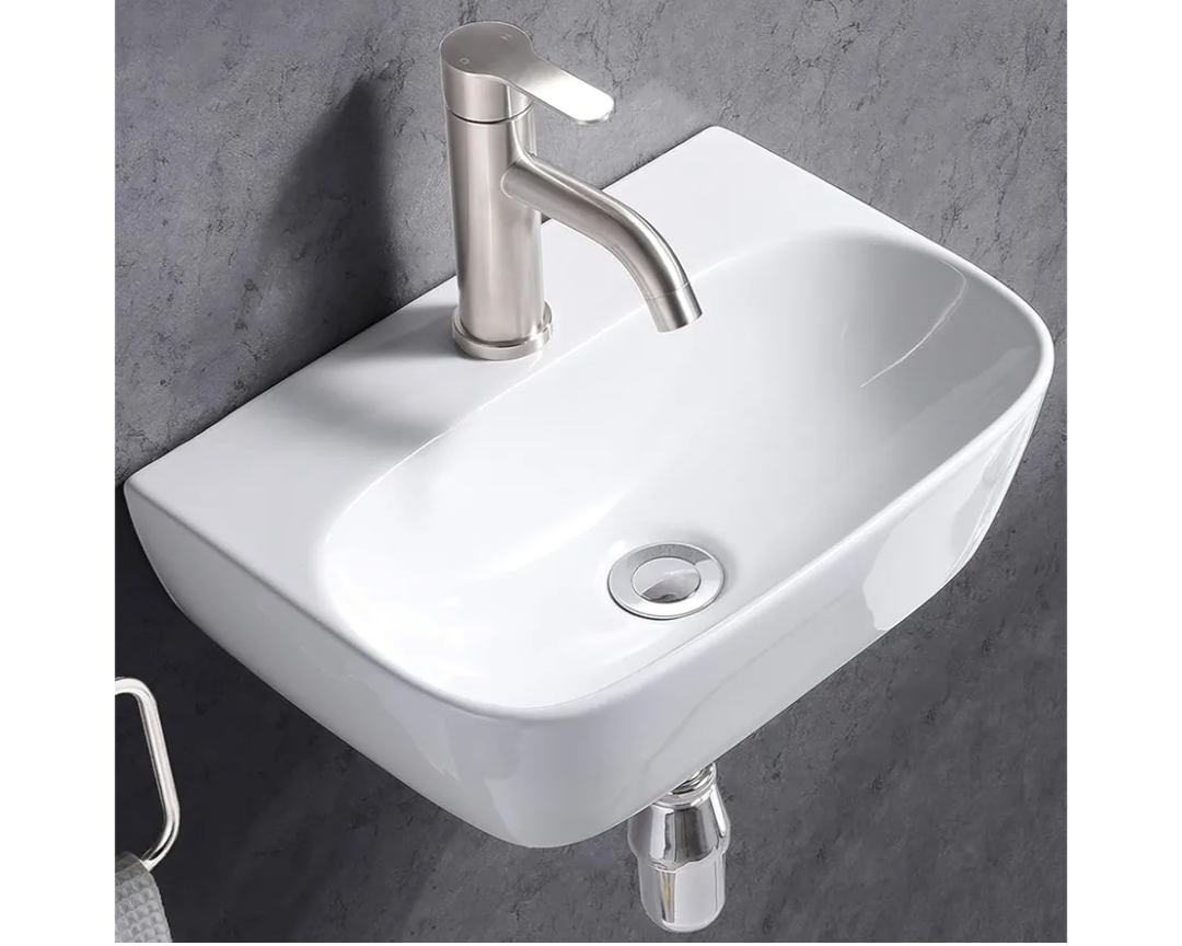 VESLA HOME Small Rv Bathroom Sink, 16" x 12" Porcelain Tiny Wall Mount Sink, Mini Floating Corner Sink for Vanity Utility Half Bath Powder Room