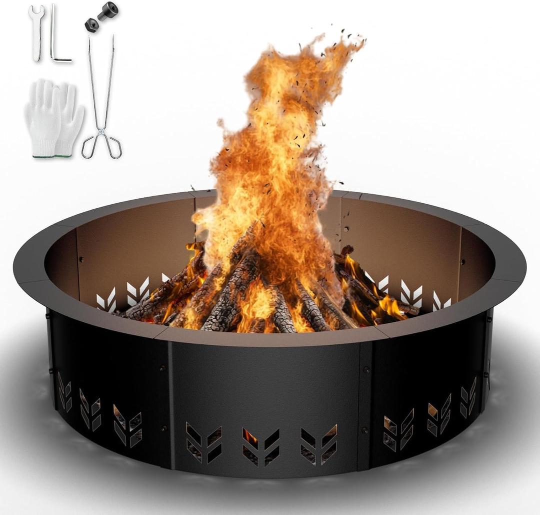 Outdoor Smokeless Fire Pit Ring Insert, Heavy Duty 30 Inch Inner|36 Inch Outer Diameter, Metal Round Fire Ring for Outside Wood Burning, Black