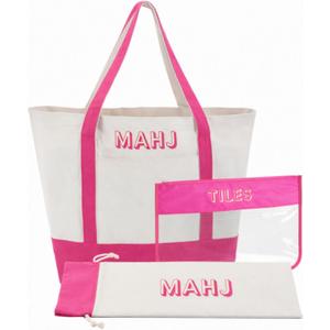 3 Pcs Empty Mahjong Canvas Bag Gift Embroidered American Mahjong Set Incl Tiles Bag and Racks & Pushers Drawstring Bags(Pink,Regular)