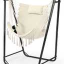 Hammock Chair with U Shape Stand, Cotton Swing Chair with Side Pocket, Heavy-Duty Metal Frame with Hanging Seat, Multi-Functional Swing Stand for Indoor and Outdoor Patio Yard Garden (Blackwhite)