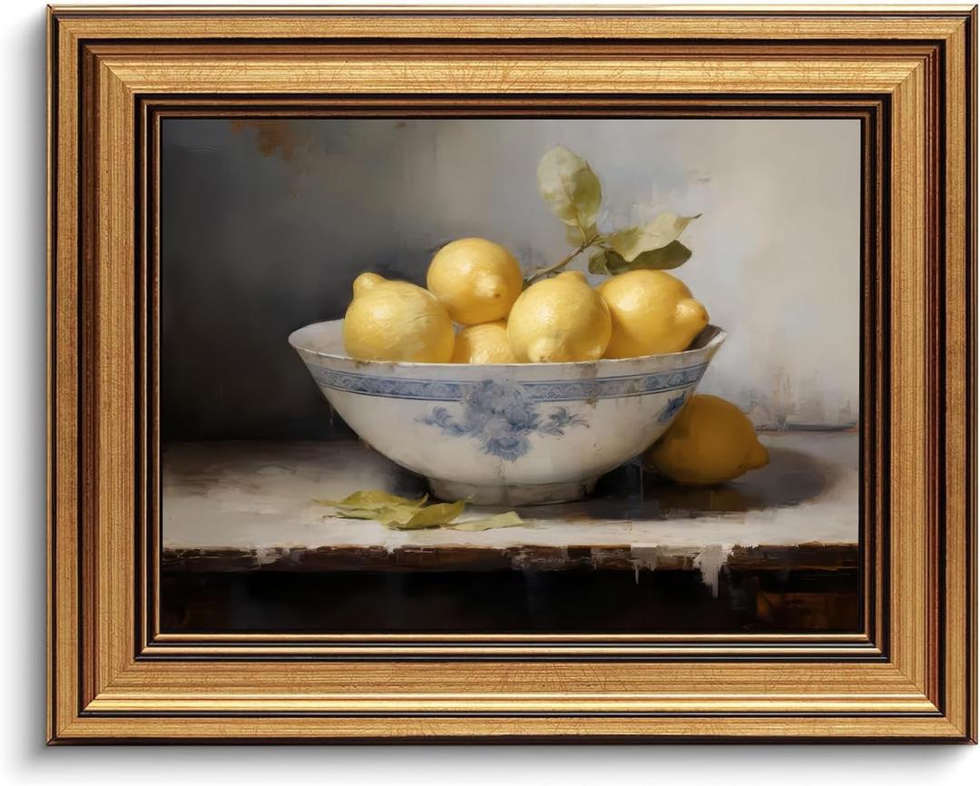 Gold Framed Wall Art Vintage Lemons Still Life Canvas Art Farmhouse Fruits Picture Wall Decor Antique Prints Rustic Kitchen Paintings Country Artwork for Bedroom Bathroom Living Room 8x10 Inch