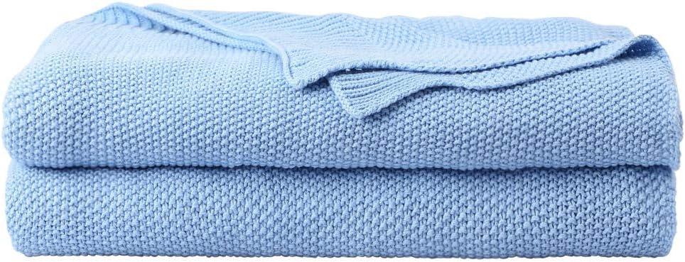 PiccoCasa 100% Cotton Knit Throw Blanket,Solid Lightweight Decorative Throws and Blankets,Soft Knitted Throw Blanket for Sofa Couch, Pale Blue 50" x 60"