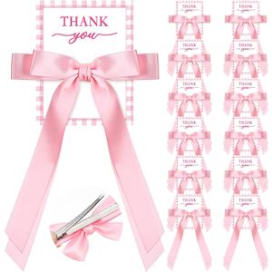 12 Pack Coquette Pink Bow Party Favors with Thank You Card Bow Birthday Party Favors Satin Hair Accessories Pink Coquette Theme Gift for Girls Bachelorette Wedding Bridal Shower Guests