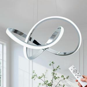 MAYNA Modern Chandelier with Remote Control, 3-Color Dimmable LED Pendant Light Fixtures, Height Adjustable Kitchen Island Lighting for Dining Room Kitchen Entryway Living Room, Chrome 25.6 inch