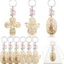 Hicarer 18 Pcs Christian Baptism Keychain Pearls Recuerdos De Bautizo Bible Wooden Keychain with Organza Bags Baptism Favor(Pink Pearls)