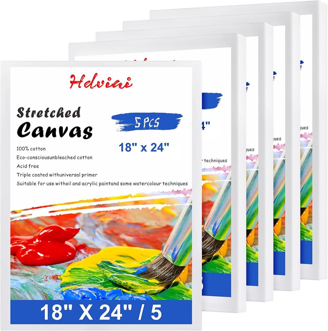 Stretched Canvas for Painting - 18x24 Inch/5 Canvas Value Pack - Triple Primer Acid Free 100% Cotton Blank Canvas for Painting Supplies Oil and Acrylic Pouring Art Watercolor