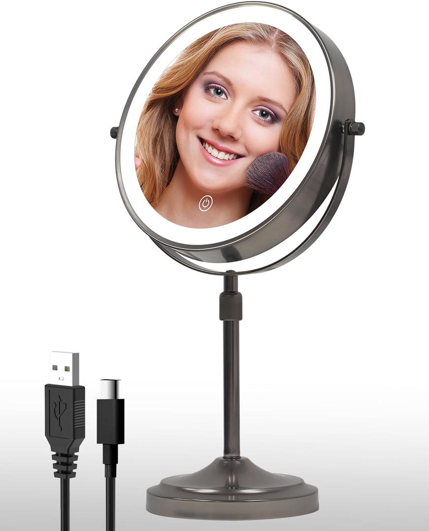 9" Lighted Makeup Mirror with with Lights and Magnification 1X/10x, 5000mAh Rechargeable Magnifying Vanity Mirror, 3 Light Colors Dimmable & Height Adjustable Mirror Gunmetal Grey