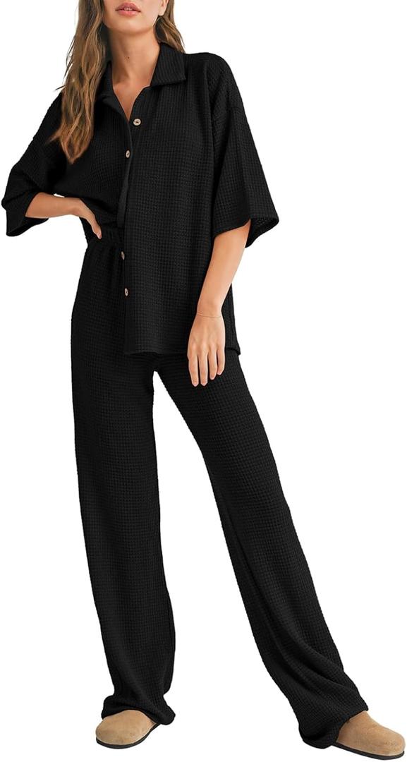 SHEWIN Women's 2 Piece Outfits Waffle Knit Lounge Sets Casual Short Sleeve Button Down Sleepwear Pajamas Set (X-Large, Black)