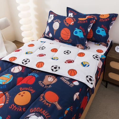 ADASMILE A & S Zipper Bedding Twin for Boys Kids Sports Comforter Sets Football Basketball Baseball Zip Up Bedding Sports Bed in A Bag Comforter with Sheets All in One Zipper Bed Set Home Decor