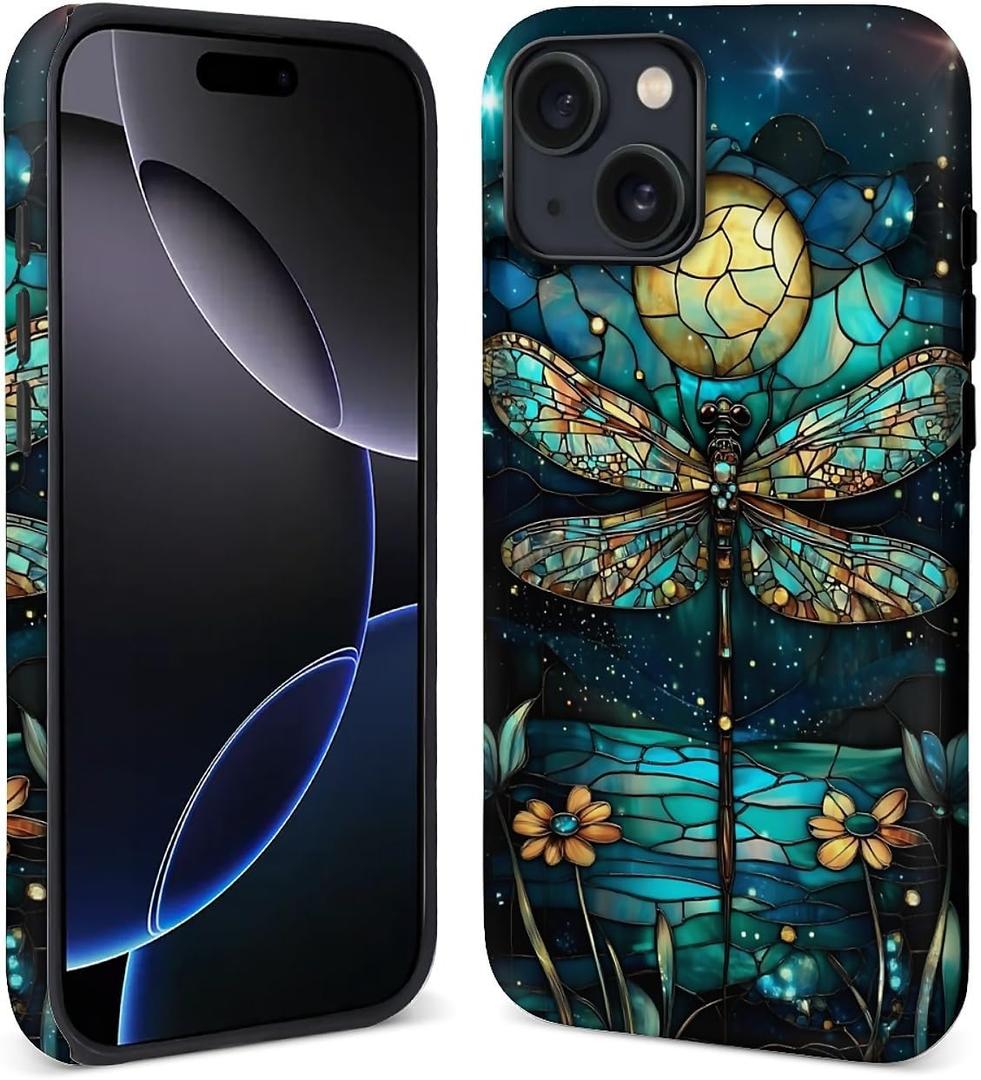Case for iPhone 15 [Compatible with MagSafe], Matte Soft Silicone + Hard PC Anti-Scratch Shockproof Protective 2-in-1 Compatible with iPhone 15 Case for Women Girls - Stained Glass Dragonfly